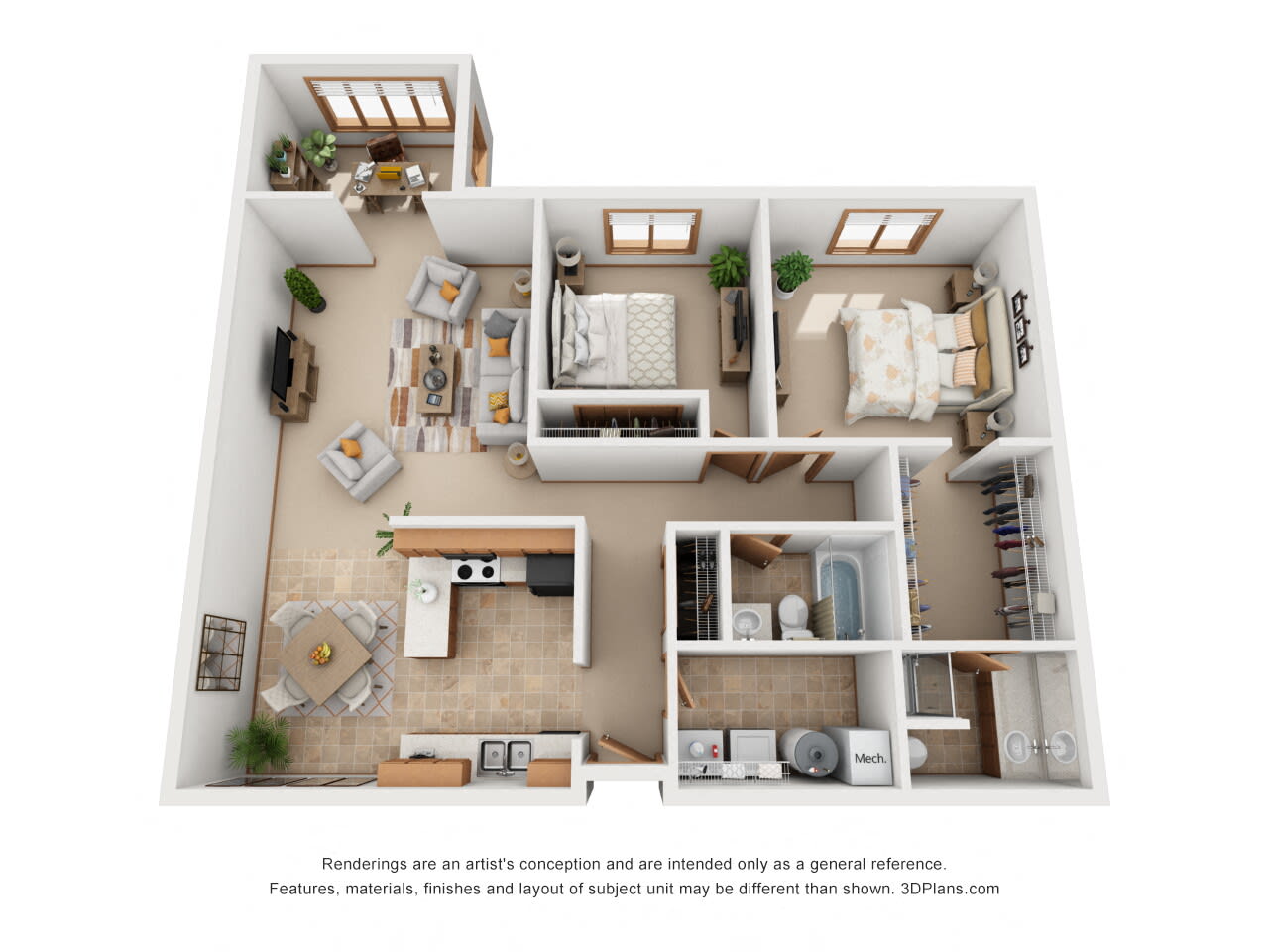 Toulouse 2 Bed - 2 Bath Bedrooom Layout 1355 sq.ft. Two Bed Two Bath